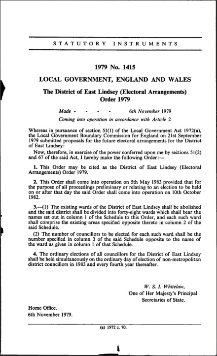 The District of East Lindsey (Electoral Arrangements) Order 1979