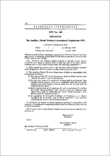 The Ancillary Dental Workers (Amendment) Regulations 1979