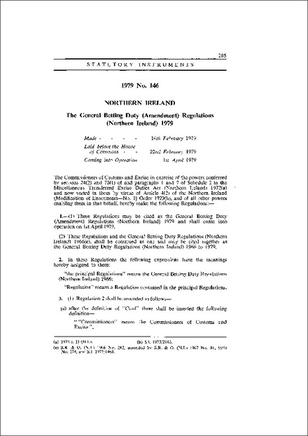 The General Betting Duty (Amendment) Regulations (Northern Ireland) 1979