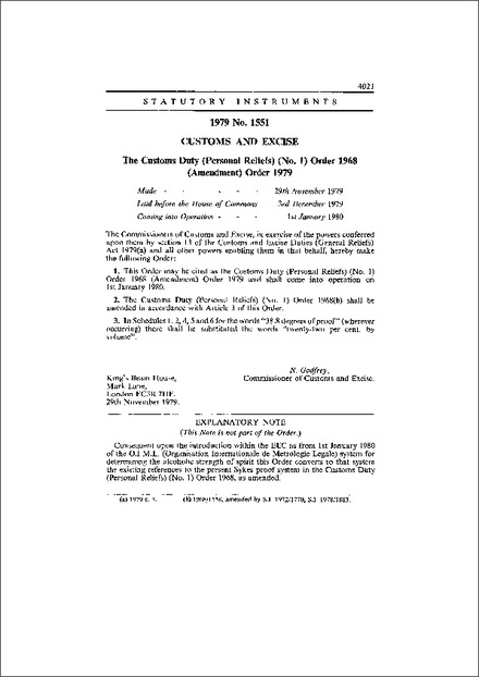 The Customs Duty (Personal Reliefs) (No. 1) Order 1968 (Amendment) Order 1979