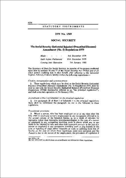 The Social Security (Industrial Injuries) (Prescribed Diseases) Amendment (No. 5) Regulations 1979
