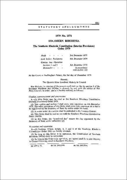 The Southern Rhodesia Constitution (Interim Provisions) Order 1979