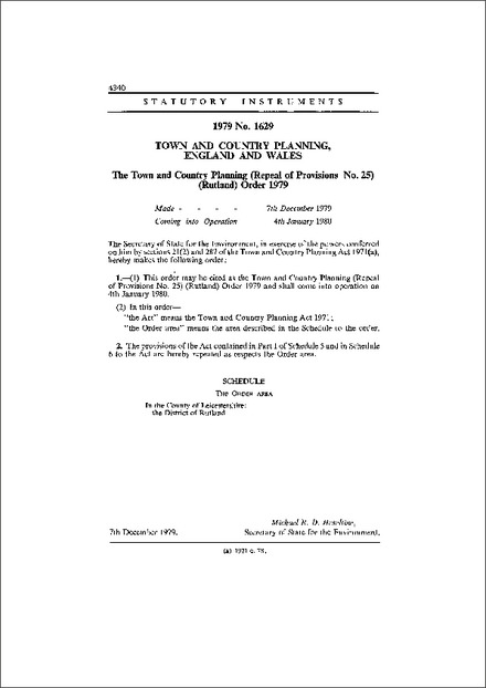 The Town and Country Planning (Repeal of Provisions No. 25) (Rutland) Order 1979