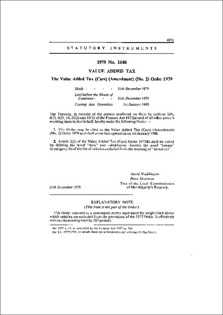 The Value Added Tax (Cars) (Amendment) (No. 2) Order 1979