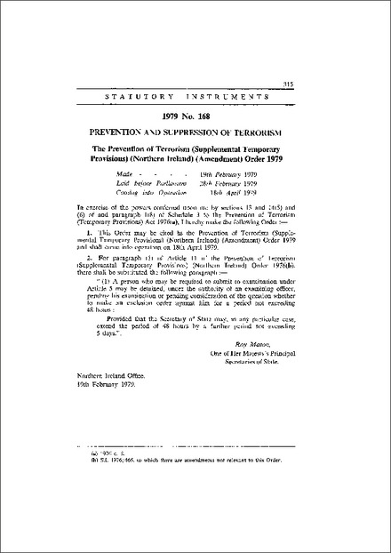 The Prevention of Terrorism (Supplemental Temporary Provisions) (Northern Ireland) (Amendment) Order 1979