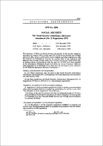 The Social Security (Attendance Allowance) Amendment (No. 2) Regulations 1979