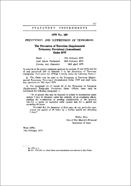 The Prevention of Terrorism (Supplemental Temporary Provisions) (Amendment) Order 1979
