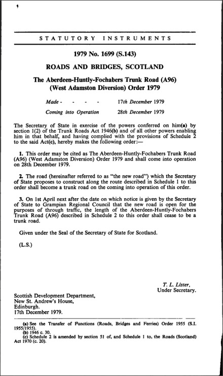 The Aberdeen-Huntly-Fochabers Trunk Road (A96) (West Adamston Diversion) Order 1979