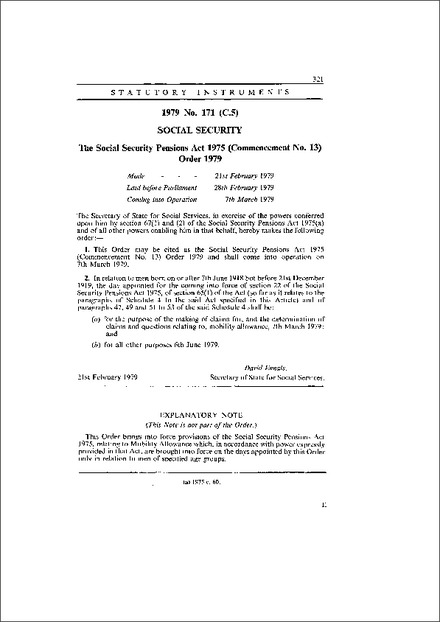 The Social Security Pensions Act 1975 (Commencement No. 13) Order 1979