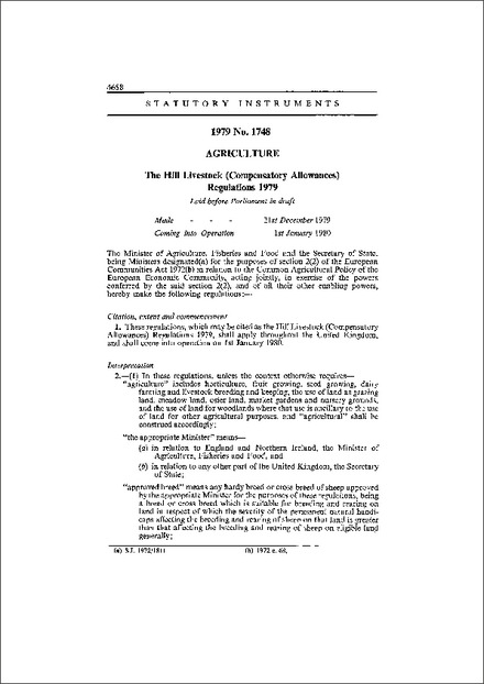 The Hill Livestock (Compensatory Allowances) Regulations 1979