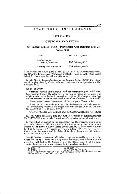 The Customs Duties (ECSC) Provisional Anti Dumping (No. 2) Order 1979