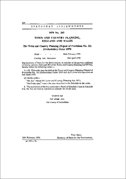 The Town and Country Planning (Repeal of Provisions No. 16) (Oxfordshire) Order 1979