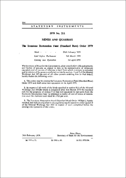 The Ironstone Restoration Fund (Standard Rate) Order 1979