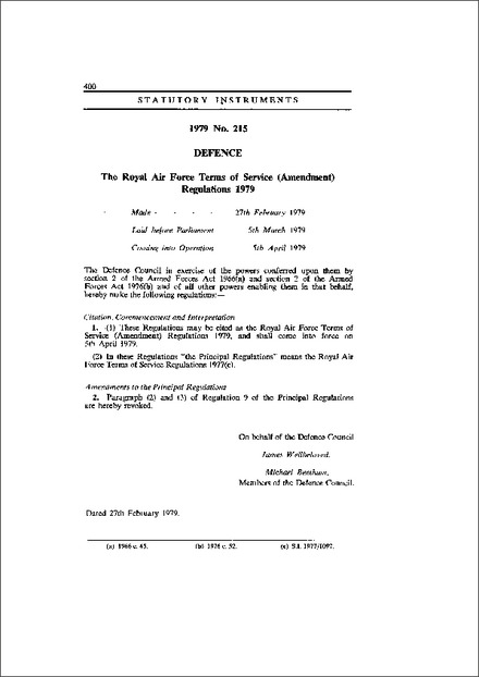 The Royal Air Force Terms of Service (Amendment) Regulations 1979