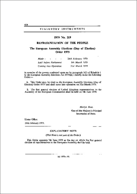 The European Assembly Elections (Day of Election) Order 1979