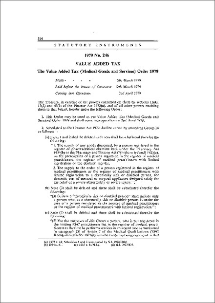 The Value Added Tax (Medical Goods and Services) Order 1979