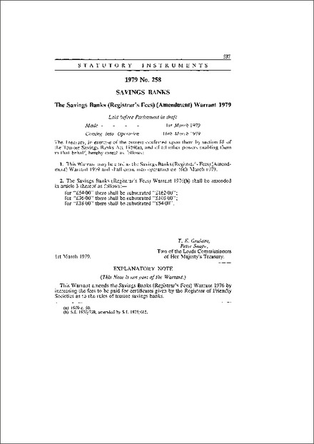The Savings Banks (Registrar's Fees) (Amendment) Warrant 1979