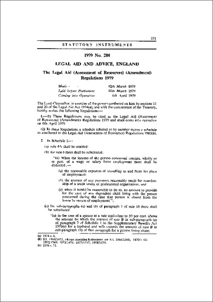 The Legal Aid (Assessment of Resources) (Amendment) Regulations 1979