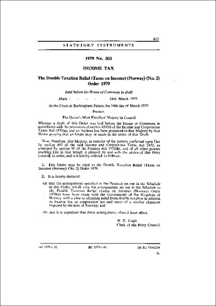 The Double Taxation Relief (Taxes on Income) (Norway) (No. 2) Order 1979