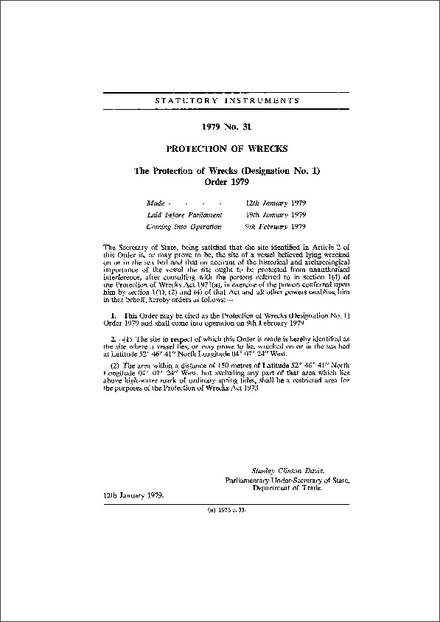 The Protection of Wrecks (Designation No. 1) Order 1979