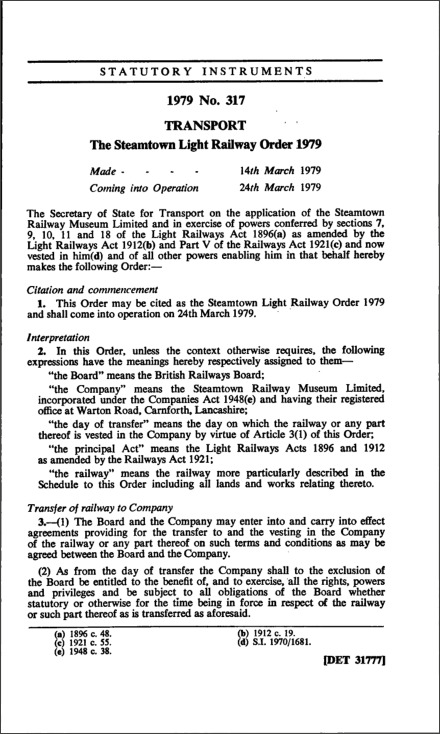 The Steamtown Light Railway Order 1979