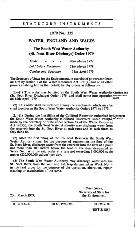 The South West Water Authority (St. Neot River Discharge) Order 1979