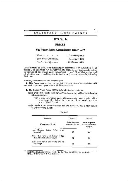 The Butter Prices (Amendment) Order 1979