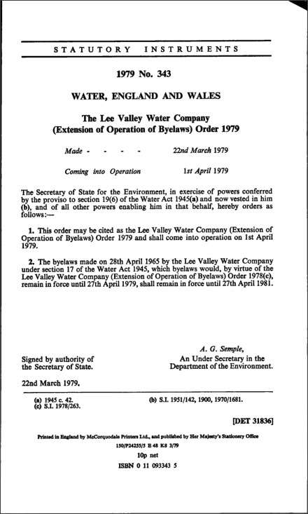 The Lee Valley Water Company (Extension of Operation of Byelaws) Order 1979