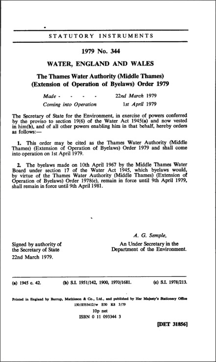 The Thames Water Authority (Middle Thames) (Extension of Operation of Byelaws) Order 1979