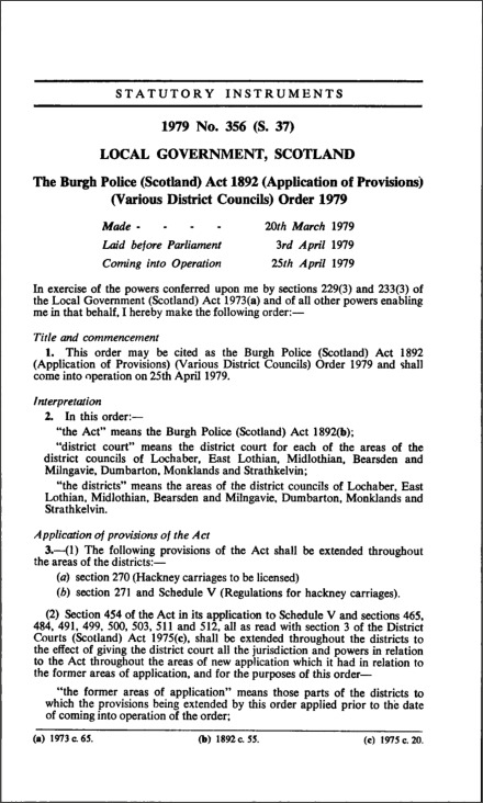 The Burgh Police (Scotland) Act 1892 (Application of Provisions) (Various District Councils) Order 1979