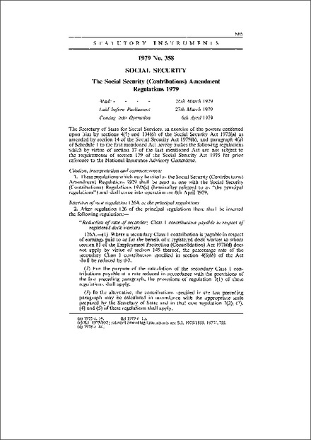 The Social Security (Contributions) Amendment Regulations 1979