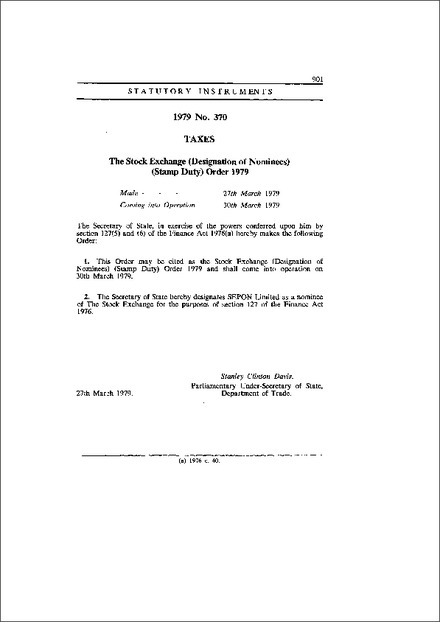 The Stock Exchange (Designation of Nominees) (Stamp Duty) Order 1979