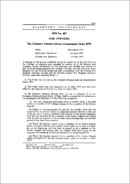 The Firemen's Pension Scheme (Amendment) Order 1979