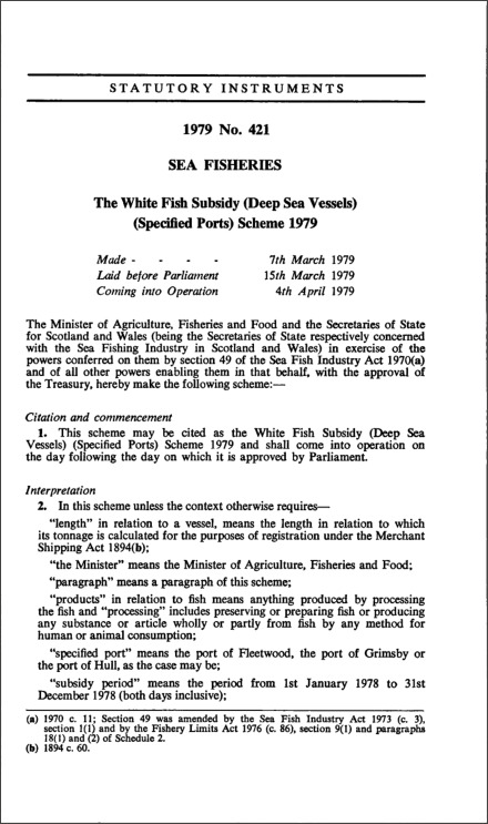 The White Fish Subsidy (Deep Sea Vessels) (Specified Ports) Scheme 1979