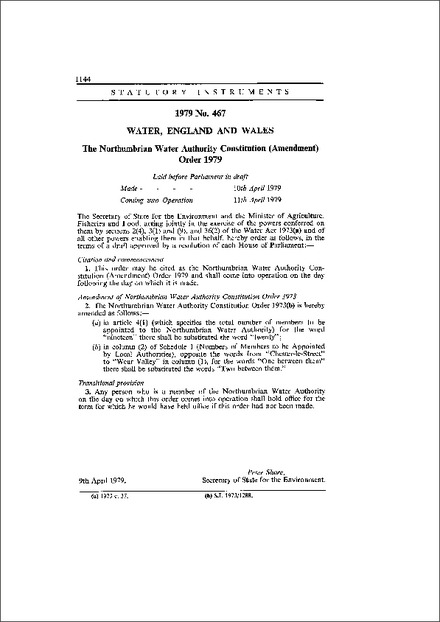 The Northumbrian Water Authority Constitution (Amendment) Order 1979