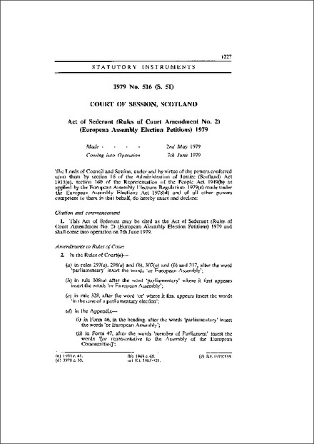Act of Sederunt (Rules of Court Amendment No. 2) (European Assembly Election Petitions) 1979