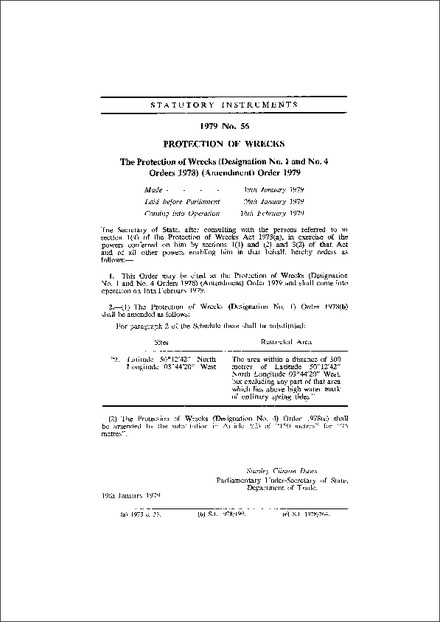 The Protection of Wrecks (Designation No. 1 and No. 4 Orders 1978) (Amendment) Order 1979