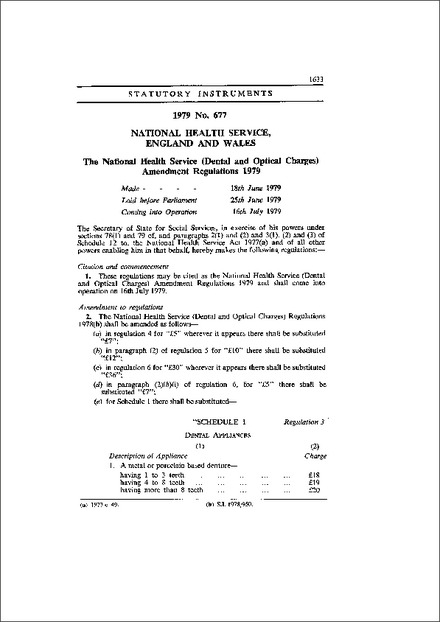 The National Health Service (Dental and Optical Charges) Amendment Regulations 1979