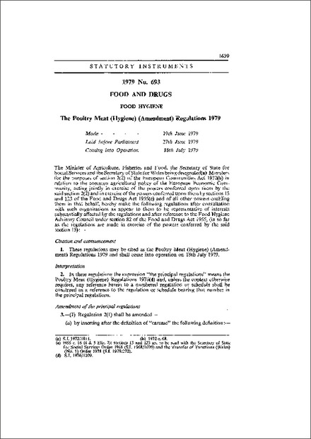 The Poultry Meat (Hygiene) (Amendment) Regulations 1979