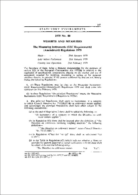 The Measuring Instruments (EEC Requirements) (Amendment) Regulations 1979