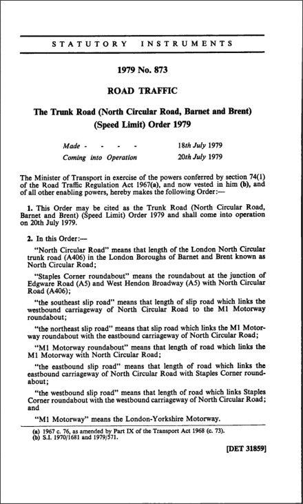 The Trunk Road (North Circular Road, Barnet and Brent) (Speed Limit) Order 1979