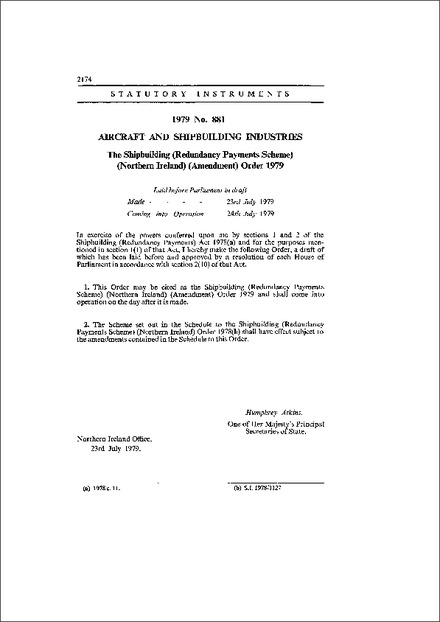 The Shipbuilding (Redundancy Payments Scheme) (Northern Ireland) (Amendment) Order 1979