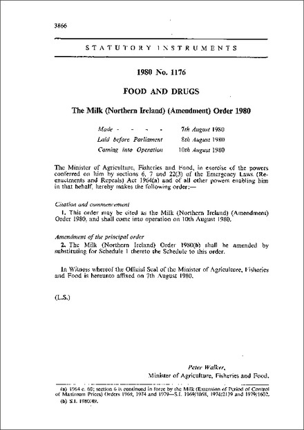 The Milk (Northern Ireland) (Amendment) Order 1980
