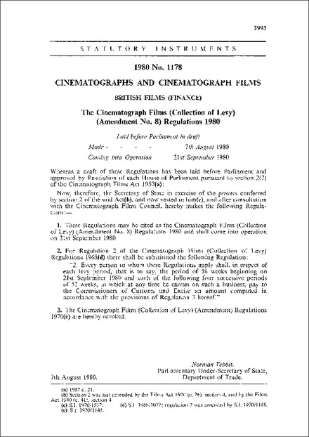 The Cinematograph Films (Collection of Levy) (Amendment No. 8) Regulations 1980