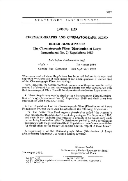 The Cinematograph Films (Distribution of Levy) (Amendment No. 2) Regulations 1980