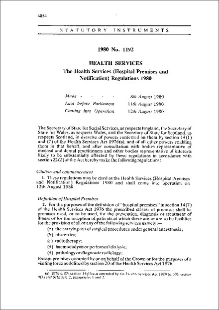 The Health Services (Hospital Premises and Notification) Regulations 1980