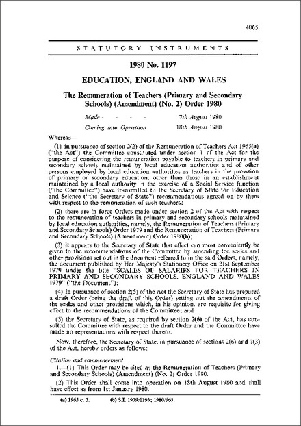 The Remuneration of Teachers (Primary and Secondary Schools) (Amendment) (No. 2) Order 1980
