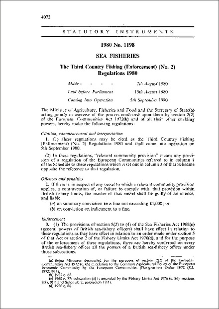The Third Country Fishing (Enforcement) (No. 2) Regulations 1980