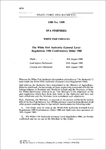 The White Fish Authority (General Levy) Regulations 1980 Confirmatory Order 1980