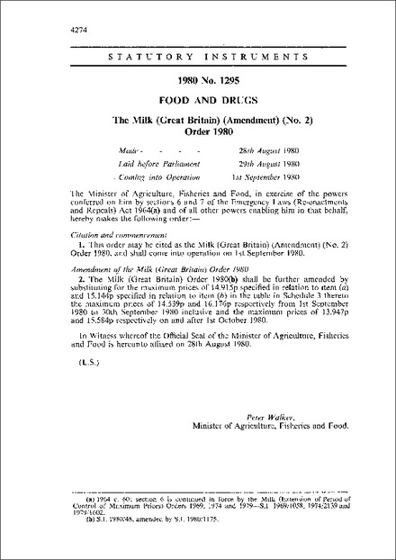 The Milk (Great Britain) (Amendment) (No. 2) Order 1980